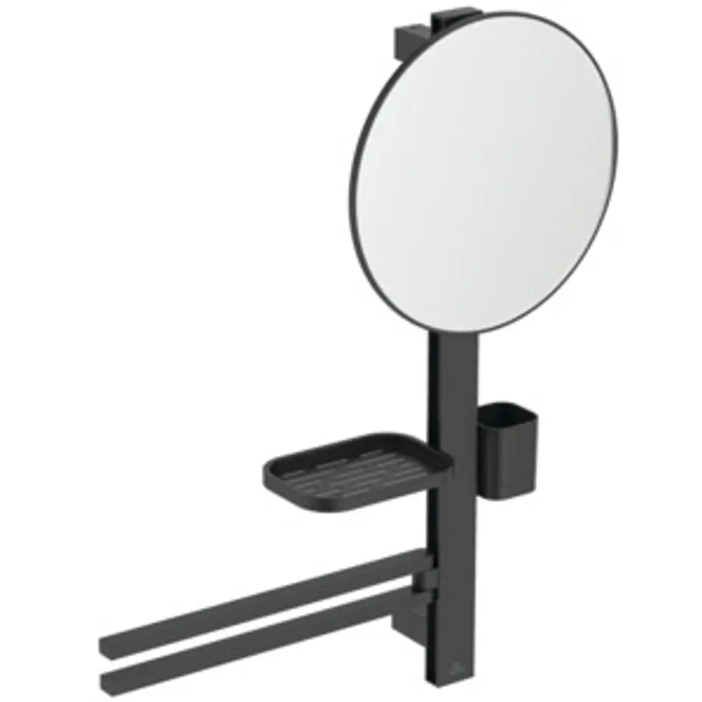 Schwarzer Aluminium-Mirror mit Halterungen, der einen runden Spiegel und eine Ablage bietet. Ideal Standard Produkt für den Einsatz in Beauty-Räumen.